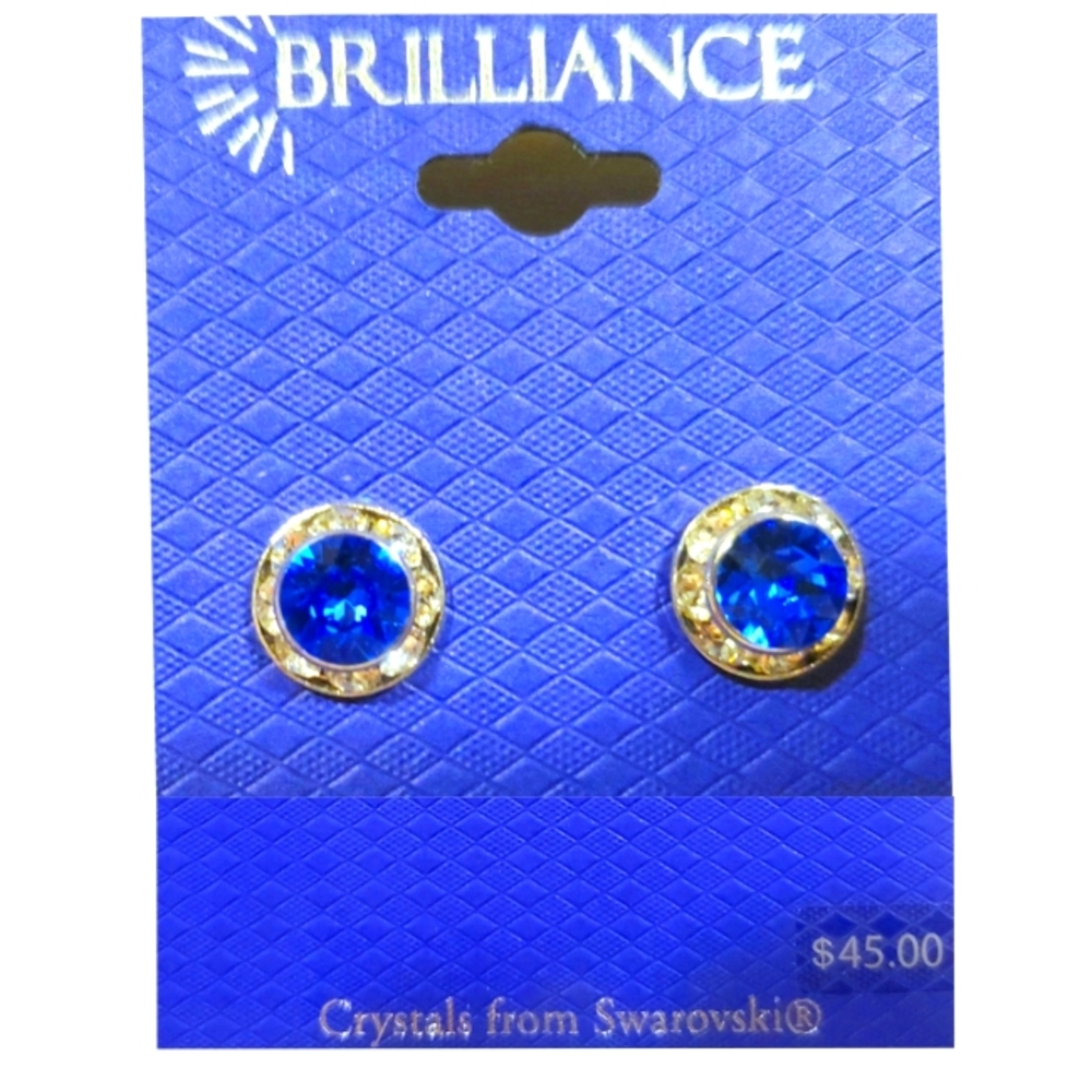 NEW Brilliance w Swarovski Crystals Saphire Blue Halo Button Earrings
